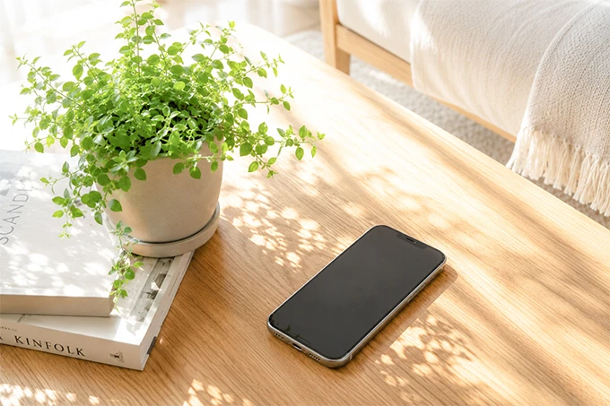 テーブルの上のスマホと観葉植物